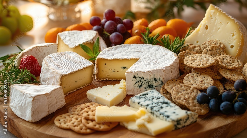 A gourmet cheese board with a selection of cheeses, crackers, and fresh fruits, ideal for a festive celebration. A gourmet cheese board with a selection of cheeses, crackers, and fresh fruits, ideal for a festive celebration.