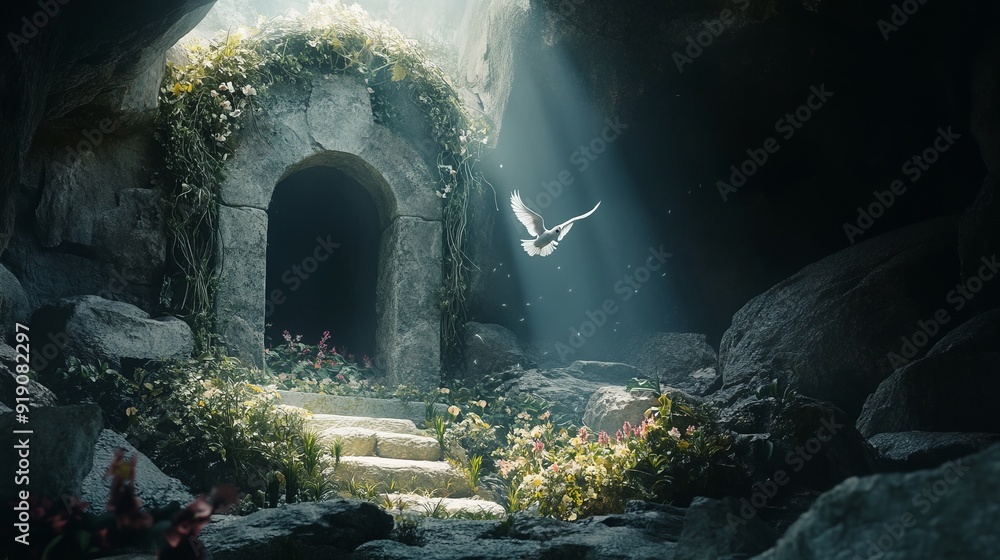 Jesus Christ crucifixion death and resurrection and easter dove flying out of a stone tomb concept Jesus Christ crucifixion death and resurrection and easter dove flying out of a stone tomb concept