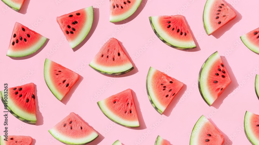A juicy watermelon slice pattern on a pastel pink background, full of summer vibes. A juicy watermelon slice pattern on a pastel pink background, full of summer vibes.