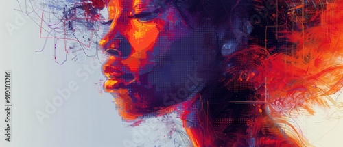 Abstract digital portrait of a person, combining pixelated elements with fluid shapes and vibrant hues, creating a unique and modern aesthetic photo