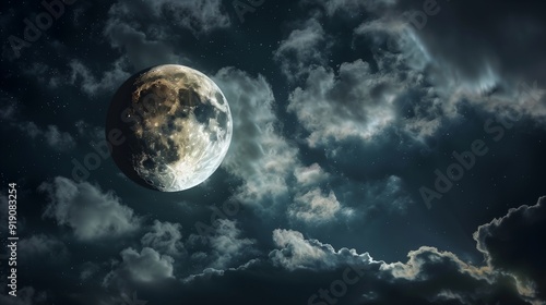 The moon partially obscured by wispy clouds, creating a mystical and ethereal nighttime scene.