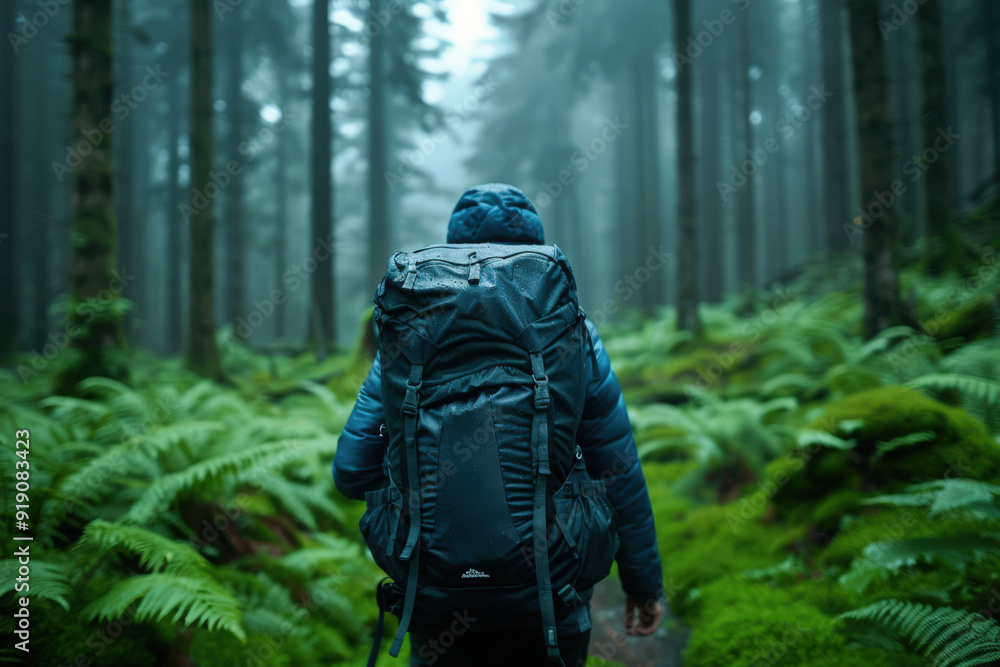 A solitary backpacker hikes through a misty forest adorned with lush green ferns, embodying the spirit of adventure and solitude in a tranquil natural setting. A solitary backpacker hikes through a misty forest adorned with lush green ferns, embodying the spirit of adventure and solitude in a tranquil natural setting.