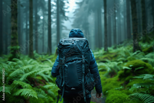 Wallpaper Mural A solitary backpacker hikes through a misty forest adorned with lush green ferns, embodying the spirit of adventure and solitude in a tranquil natural setting. Torontodigital.ca
