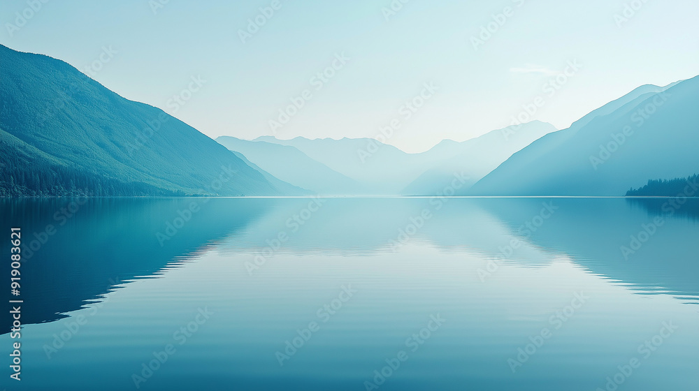 A vast, calm lake reflecting surrounding mountains in a soft blue haze, symbolizing serenity and the peaceful beauty of untouched nature. A vast, calm lake reflecting surrounding mountains in a soft blue haze, symbolizing serenity and the peaceful beauty of untouched nature.