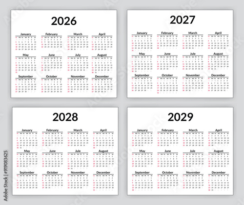 2026, 2027, 2028 and 2029 calendar set. Week starts on Sunday. Simple calendar layout. Yearly diary. Minimal stationery template with 12 months, in English. Pocket or wall formats