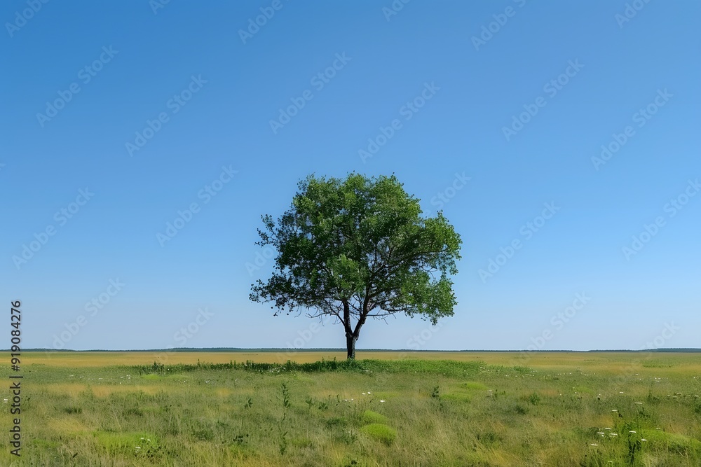 Solitary Tree in a Vast Open Field Under a Clear Blue Sky Solitary Tree in a Vast Open Field Under a Clear Blue Sky
