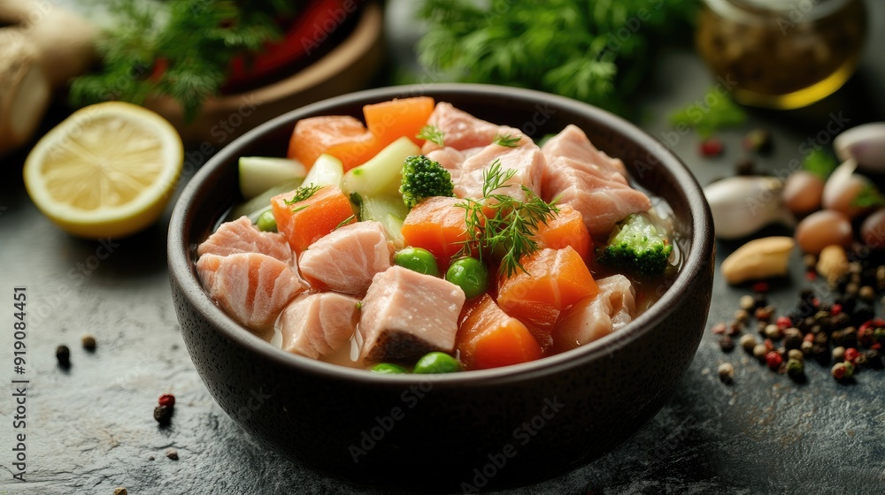 A nutritious bowl of wet pet food, filled with fish, veggies, and meat, arranged artfully with a background of pet-friendly ingredients. A nutritious bowl of wet pet food, filled with fish, veggies, and meat, arranged artfully with a background of pet-friendly ingredients.