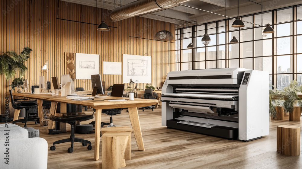 Modern office space with large format printer, several workstations equipped with desktop computers, wooden furniture, and large windows with city view. Modern office space with large format printer, several workstations equipped with desktop computers, wooden furniture, and large windows with city view.