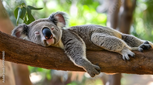 koala resting and sleeping on his tree with an happy smile on his face