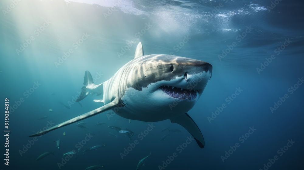 Ocean shark bottom view from below. Open toothy dangerous mouth with many teeth. Neural network ai generated art