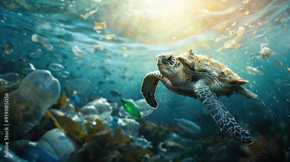 Obraz premium Sea Turtle Swimming Through Plastic Pollution