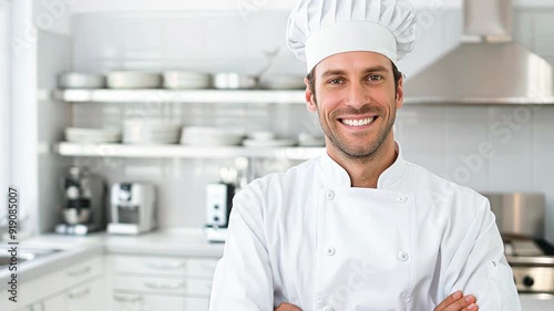 A smiling chef in a white jacket stands in the kitchen symbolizing professionalism and passion for cooking.
Concept: culinary restaurants. photo