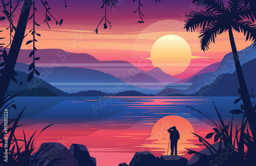 Sunset landscape with mountains and hiker Lake scene with vibrant colors silhouette of person standing by water tropical vegetation hills and sun in background
