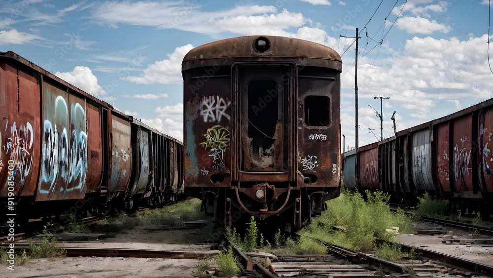 Fototapeta premium A row of graffiti-covered, rusty freight carriages on empty rails