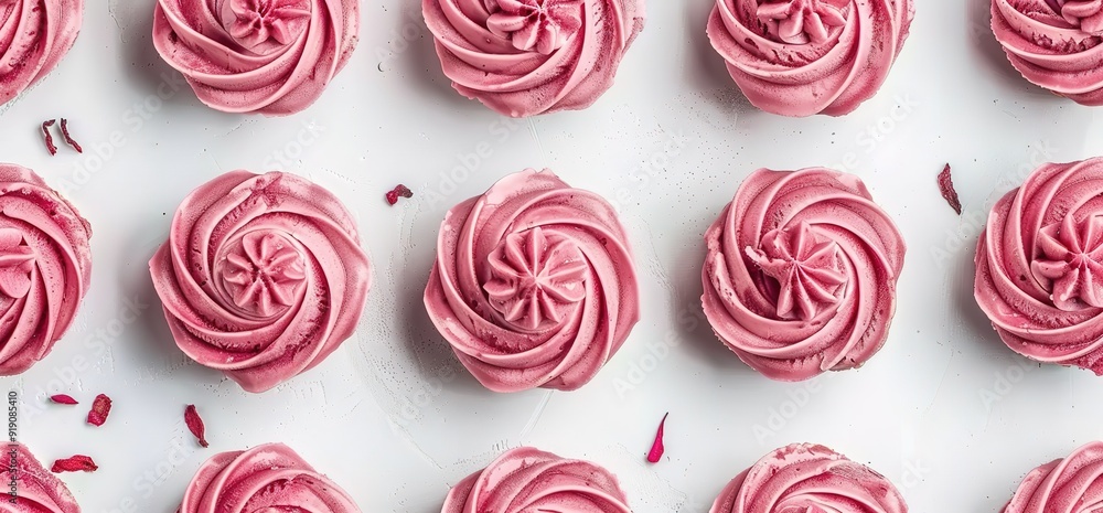 Closeup of pink swirl marshmallows, arranged in a repeating pattern on a white background. Closeup of pink swirl marshmallows, arranged in a repeating pattern on a white background.