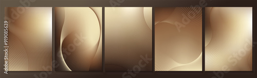 Set of chic elegant cards in brown, beige, yellow shades. Golden, copper lines, waves. Geometric pattern. Cover, packaging, business brand template.