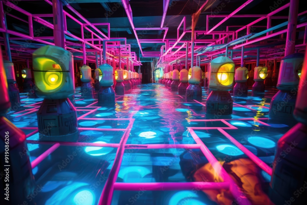 Naklejka premium Laser Maze: Water-filled maze with laser beams and colorful lights.