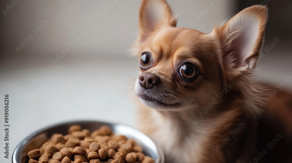 A small, cute dog next to its bowl of dog food, looking up with big eyes, captured against a plain background. A small, cute dog next to its bowl of dog food, looking up with big eyes, captured against a plain background.