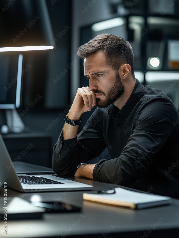 A focused man working on a laptop in a modern office setting, deep in thought. A focused man working on a laptop in a modern office setting, deep in thought.