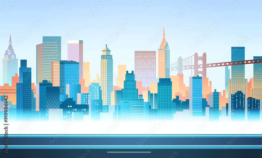 Fototapeta premium City skyline urban landscape with skyscrapers colorful buildings modern architecture gradient background bridge