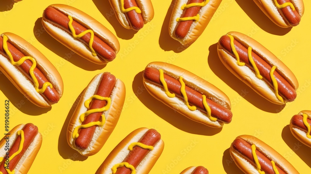 A stylish pattern of mustard-covered hot dogs on a contrasting background, showcasing a playful take on classic food items. A stylish pattern of mustard-covered hot dogs on a contrasting background, showcasing a playful take on classic food items.