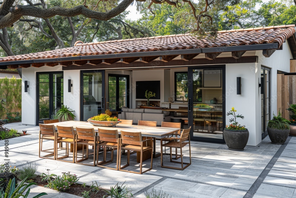 Fototapeta premium Modern farmhouse patio with large windows, white walls, grey roof tiles, and outdoor dining table with teak chairs on pale gray pavers, reflecting luxury living.