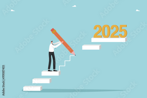 Strategic planning for achieving success in new year 2025, creative approach to solving unfinished business in outgoing year, setting business goals for coming year, man drawing missing steps to 2025.