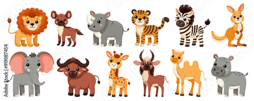 Set of cute African wild animals in scandinavian style isolated on white background. Vector cartoon illustration for the design of textiles, posters, clothes.