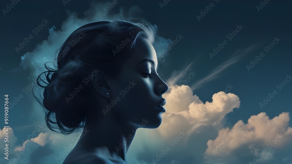 A serene blue background with a soft, ethereal cloud partially obscuring the outline of a woman's face, creating a sense of mental fog and introspection. The cloud is wispy and delicate, blending seam A serene blue background with a soft, ethereal cloud partially obscuring the outline of a woman's face, creating a sense of mental fog and introspection. The cloud is wispy and delicate, blending seam