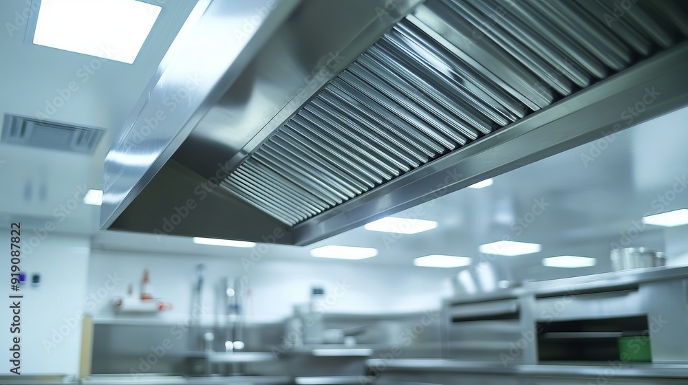 Close-up of a stainless steel exhaust hood featuring a grease trap in a large industrial kitchen used for producing semi-finished products Close-up of a stainless steel exhaust hood featuring a grease trap in a large industrial kitchen used for producing semi-finished products