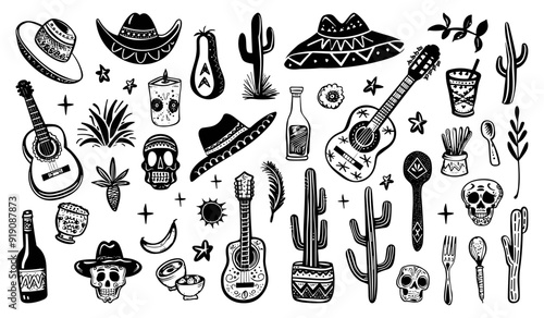 Mexican black and white simple doodle fiesta elements set. Latin American Mexican culture cuisine food sombrero guitar cactus. Skulls for day of the dead. Isolated vector clipart collection