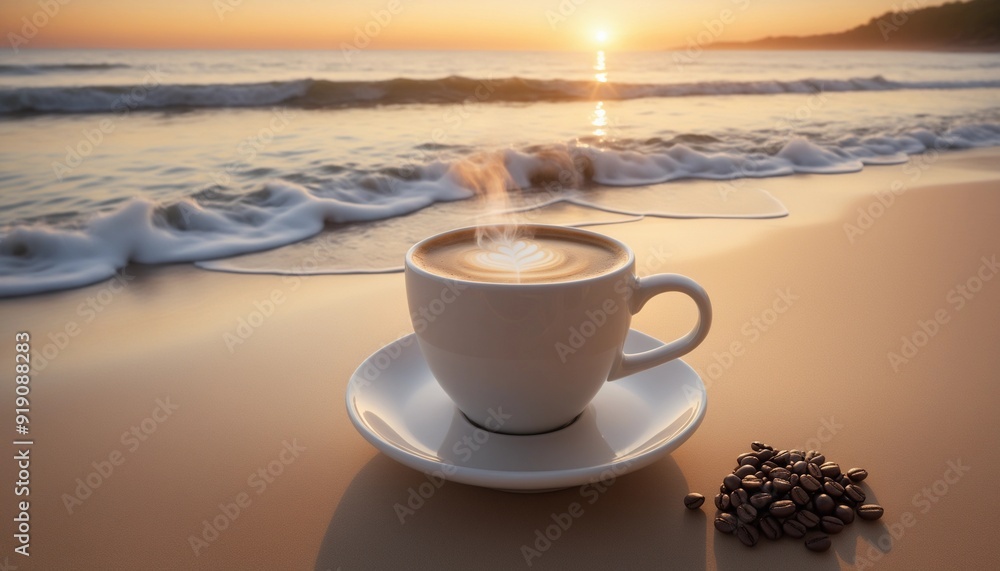 A cup of coffee in the morning at the beach A cup of coffee in the morning at the beach