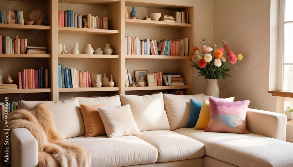 Living room interior featuring a wide wooden shelf filled with decorative books and various candles, a modern grey sofa adorned with a white fur throw, a cluster of vibrant red Living room interior featuring a wide wooden shelf filled with decorative books and various candles, a modern grey sofa adorned with a white fur throw, a cluster of vibrant red