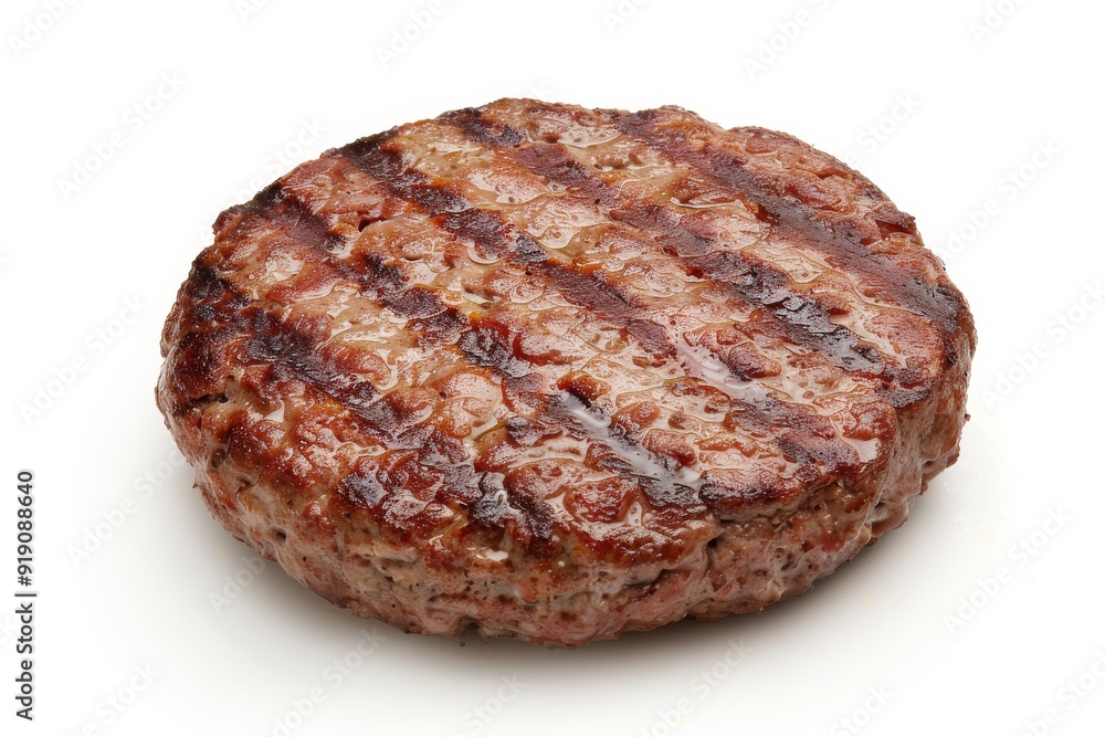 Hamburger patty, perfectly shaped round beef burger has grill marks on it's skin from cooking. isolated white transparent background. Hamburger patty, perfectly shaped round beef burger has grill marks on it's skin from cooking. isolated white transparent background.