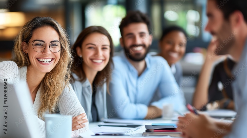 A group of smiling professionals engaged in a meeting, showcasing collaboration and positivity in a modern workspace. A group of smiling professionals engaged in a meeting, showcasing collaboration and positivity in a modern workspace.