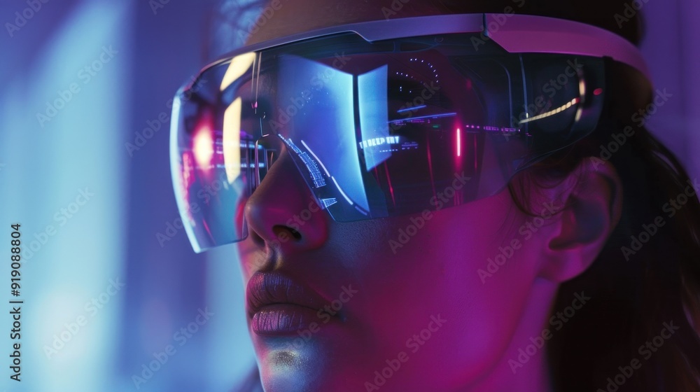 Woman Wearing Futuristic Augmented Reality Glasses Woman Wearing Futuristic Augmented Reality Glasses