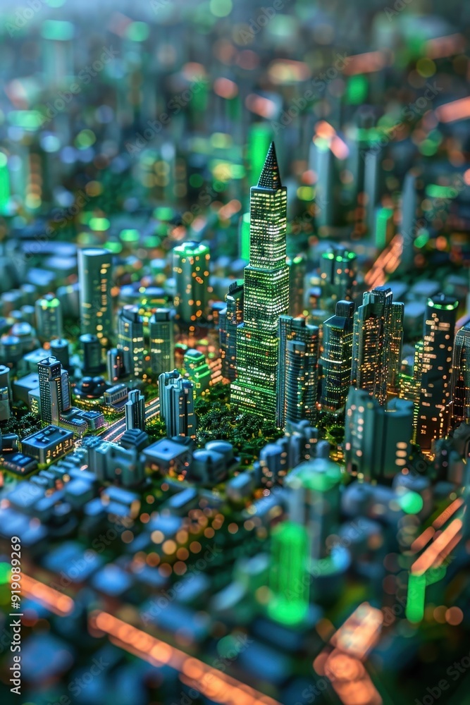 Obraz premium Aerial View of Futuristic Cityscape with Illuminated Skyscrapers and Green Lights at Night