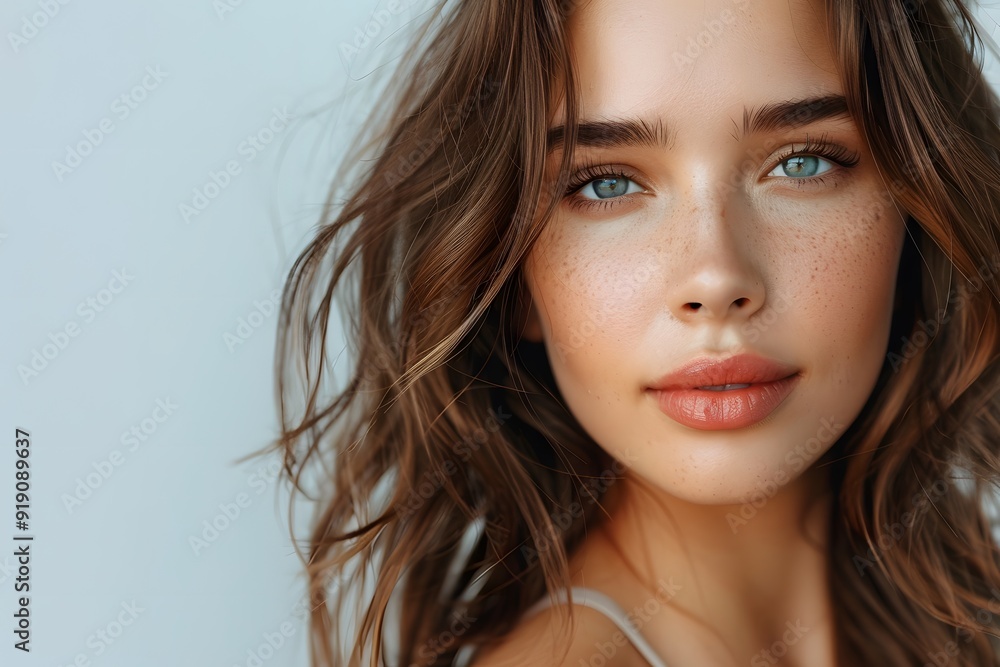 Captivating Portrait of a Young Woman with Freckles and Wavy Hair Captivating Portrait of a Young Woman with Freckles and Wavy Hair