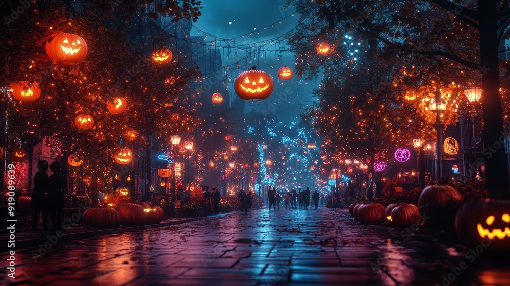 A vibrant Halloween celebration with people in diverse costumes, surrounded by festive decorations, glowing pumpkins, and autumn-themed elements A vibrant Halloween celebration with people in diverse costumes, surrounded by festive decorations, glowing pumpkins, and autumn-themed elements