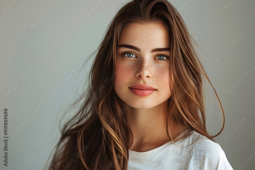 Captivating Portrait of a Young Woman with Freckles and Flowing Hair Captivating Portrait of a Young Woman with Freckles and Flowing Hair
