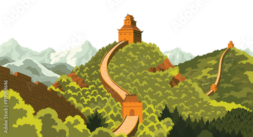 Great wall china landscape. Chinese prominent monumental giant structure. Wall sections on green mountains for travel and tourism, flat style concept