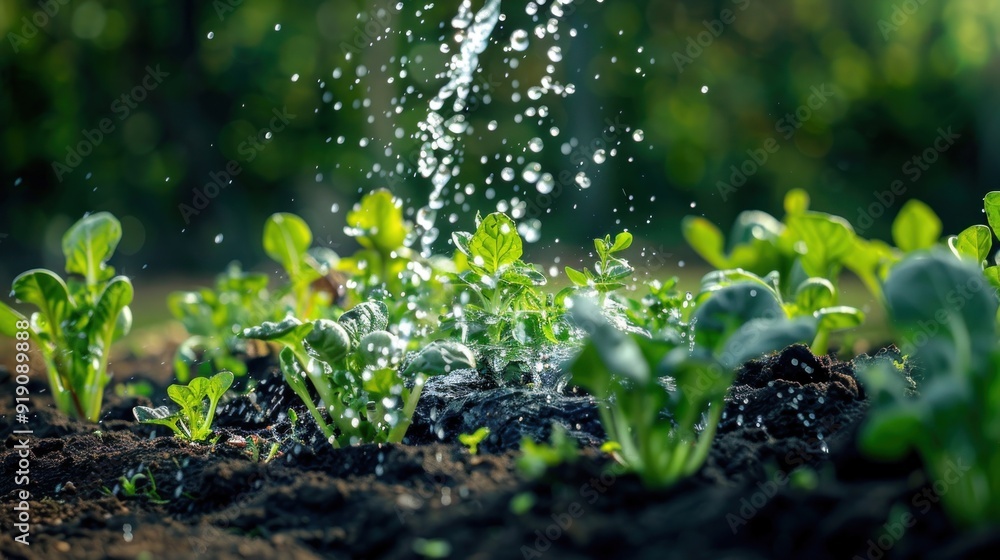 Watering young plants in a garden Watering young plants in a garden