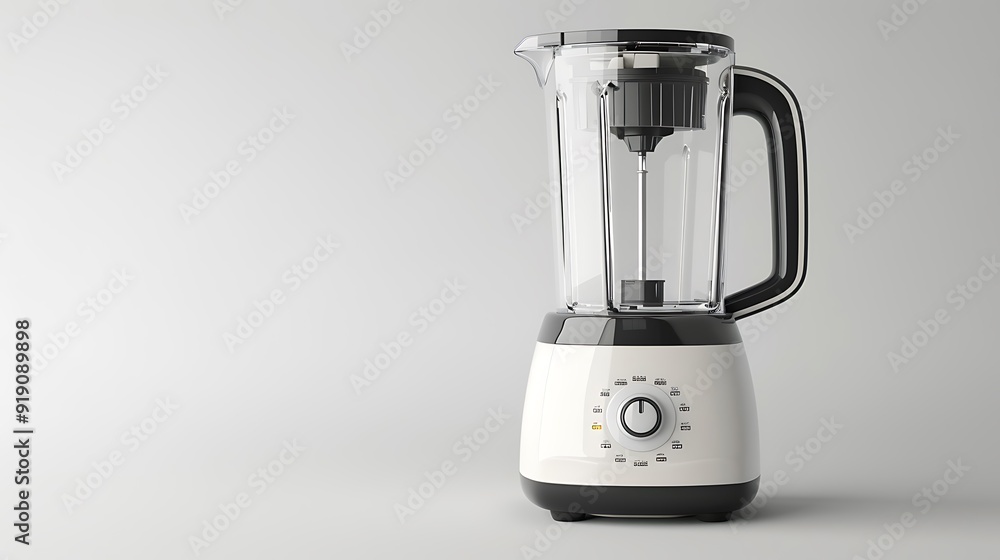 A modern electric blender with a clear pitcher on a white background. A modern electric blender with a clear pitcher on a white background.