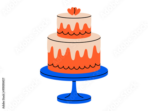 Hand drawn cute cartoon illustration of wedding cake with hearts. 14 February pie. Flat vector marriage party dessert doodle style. Valentines day sweet food icon or print. Romantic event. Isolated.