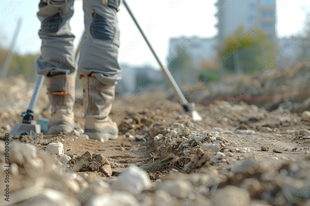 Construction Worker Using Equipment on a Dirt Path Construction Worker Using Equipment on a Dirt Path