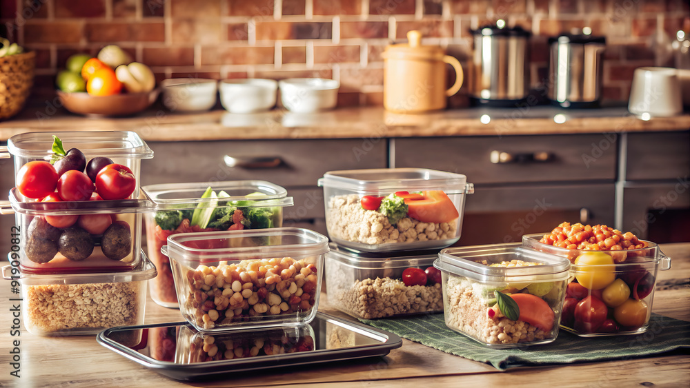A series of neatly arranged meal prep containers filled with balanced meals, including lean proteins, whole grains, and a variety of colorful vegetables. The scene could be set on a kitchen countertop A series of neatly arranged meal prep containers filled with balanced meals, including lean proteins, whole grains, and a variety of colorful vegetables. The scene could be set on a kitchen countertop