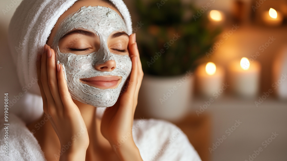 A woman is applying a face mask while wearing a white robe A woman is applying a face mask while wearing a white robe