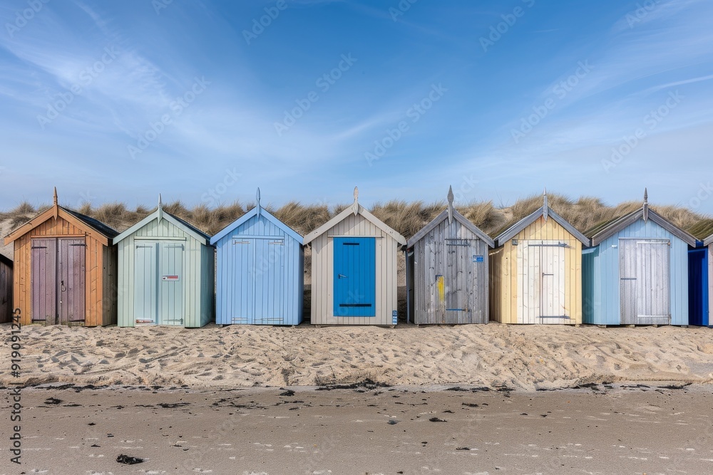 Cabines de bain multicolores alignées sur la plage déserte de Berck-plage au petit matin. Beautiful simple AI generated image in 4K, unique. Cabines de bain multicolores alignées sur la plage déserte de Berck-plage au petit matin. Beautiful simple AI generated image in 4K, unique.
