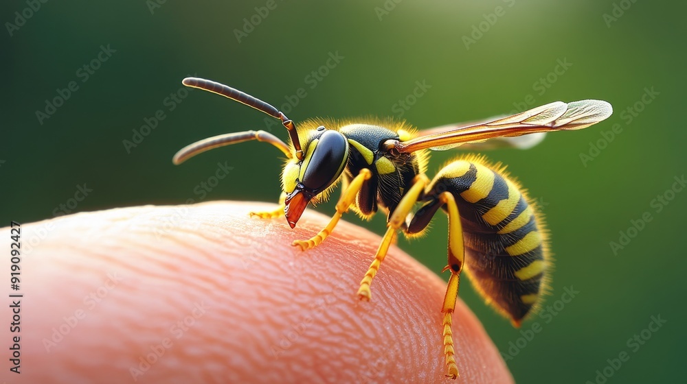 Naklejka premium A close-up of a wasp on a finger. This photo shows the intricate details of the wasp and can be used for educational purposes or to illustrate the beauty of nature.