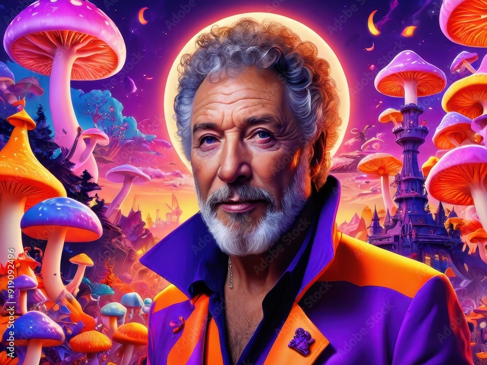 Fototapeta premium Cartoon-style illustration of an old man with a fun, smiling face, painted as graffiti on a wall